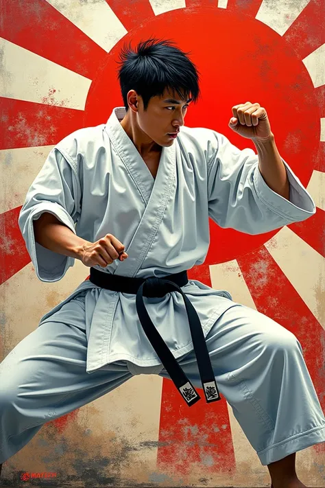  create a manga style image ,  colored oil painting ,  from a drawing of a karate practitioner wearing a white kimono and a black band,  in the background symbols that refer to Japan ,  such as the figure of the rising sun that refers to the Japanese flag ...