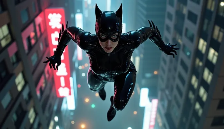 A dynamic scene featuring Catwoman in a shiny black latex suit, reflecting the neon lights of Gotham City. She is mid-jump, her body agile and poised, like a cat in full motion, her muscles coiled and ready to spring. The camera captures her in mid-air, he...