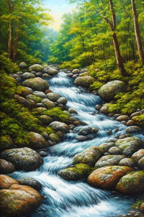 Painting of a stream flowing through the forest, rocks, pebbles, , background woods, realistic replies, whimsical art, oil painting style, ultra high definition, very intricate brush strokes, insane painting details, 