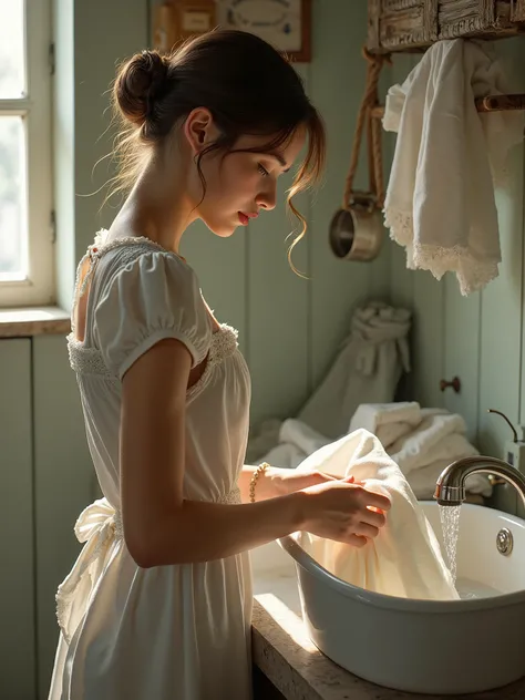  create an image of a beautiful girl in the laundry, washing clothes, to design a label 