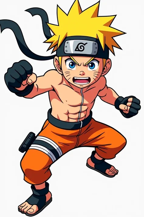  A sign featuring a boy Naruto, shirtless and barefoot  ,wearing orange shorts  ,  wearing black UFC gloves  , in fighting position  , with an arrogant smile on his face  ,  with the same animation style as the original Naruto show 