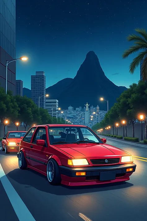  Here is a prompt adjusted for you to use in another AI :

" A detailed anime-style illustration showing a red Chevette Junior 1992,  with lowered suspension and design faithful to the original model , driving on a road at night.  The background shows the ...