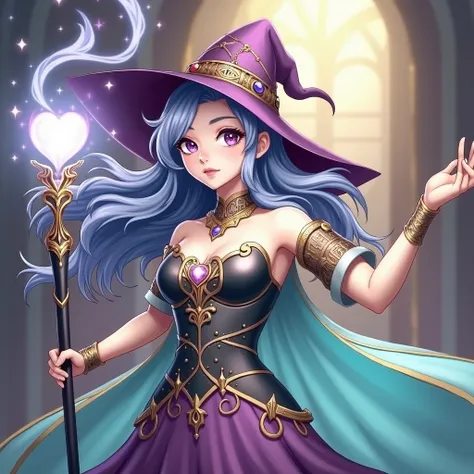  A mystical hyper realistic sorceress in a fantasy world ,  with an elegant and powerful aesthetic .  She wears an outfit crafted in dark tones , predominantly purple and black,  with gold and silver details that highlight her magical range .  Her magic ar...