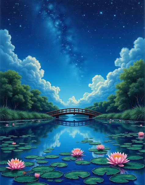  Colored line drawing of the calm starry sky at night and lake water, Water lilies, bridge,  very realistic and detailed picture , crayons , Colored pencils