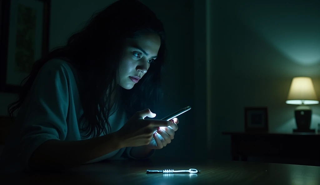 Best quality, highres, ultra-detailed, cinematic horror scene. Sofía is answering a phone call, her face illuminated by the cold glow of the phone screen, her expression filled with fear as she listens to the sound of heavy breathing on the other end The r...