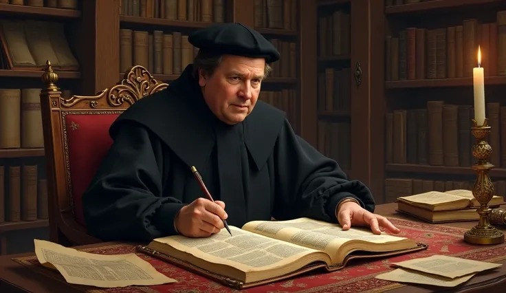 Luther translating the Bible, surrounded by books and scrolls