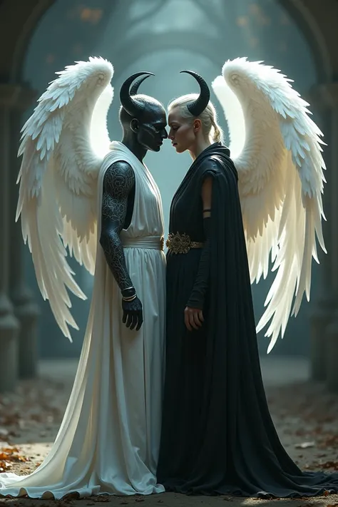 Full-bodied human twins, one of them has black demon areas and wears a white robe, the other has white angel wings and wears a black robe.