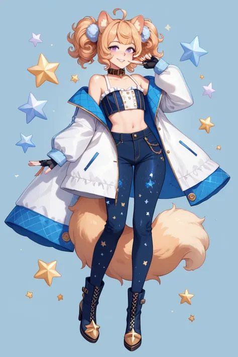 femboy, pomeranian dogboy, pomeranian dog ears, short curly hair, strawberry blond hair, purple eyes, beauty marks, moles, freckles, masterpiece, best quality, character sheet, pomeranian tail, full body, fully clothed, male clothes, A flowing white jacket...