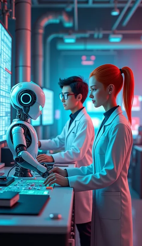 Location: A colorful, high-tech lab filled with blinking monitors, wires, and futuristic gadgets.
Characters: Dr. David (tall, white lab coat, glasses), Mia (medium height, red hair in ponytail, casual lab jacket), and a sleek humanoid robot AI with glowin...