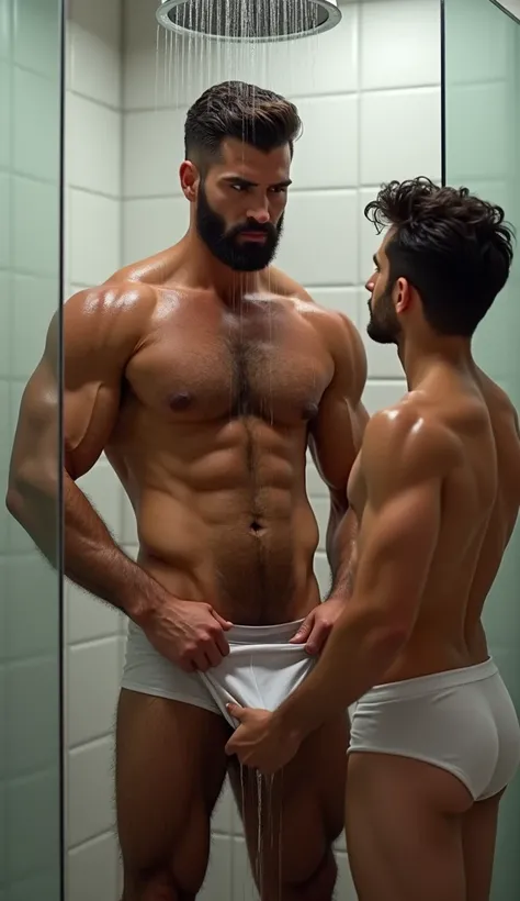 Realistic portrai. Hot man taking a shower and stepson  helping him ubderpants. Very-realistic-Body-hair
