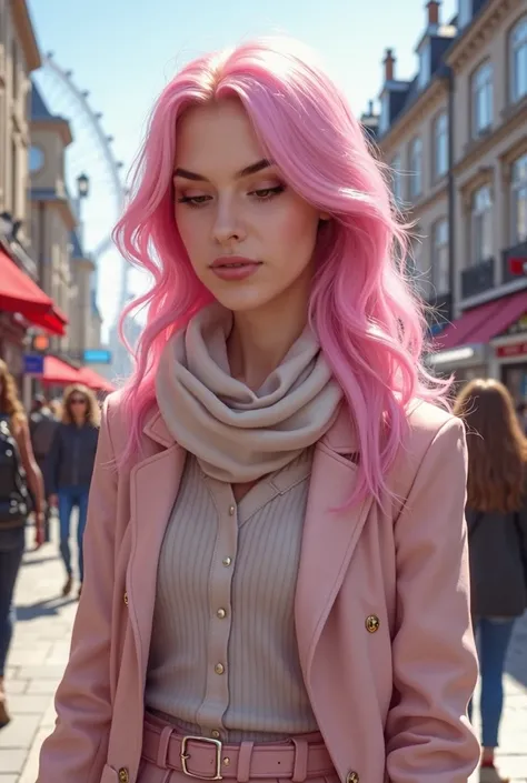 realistic portrait of a young woman with vibrant pastel pink hair long, the exact shade of bright cotton candy pink, styled elegantly, standing in a bustling London street. She has large, almond-shaped eyes with a soft pink hue, perfectly complementing her...