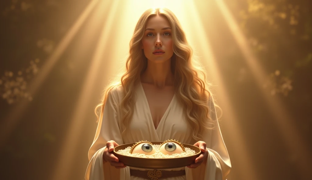 A realistic, cinematic image of Saint Lucy in 4k, depicted as a beautiful, serene and compassionate woman with fair skin, long, flowing hair, holding a round tray in her hands. Within the tray are placed a pair of beautiful, clear eyes, symbolizing her rol...