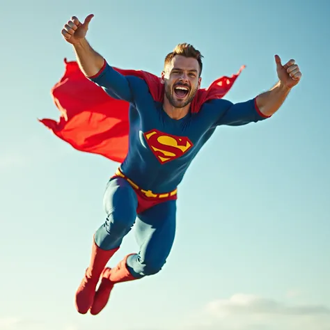  A muscular man in a superhero costume ,  flying clumsily and unsteadily .  His arms are uncoordinated and his legs go in opposite directions ,  as if he could not control his powers well .  His expression is one of emotion and surprise , with an enthusias...