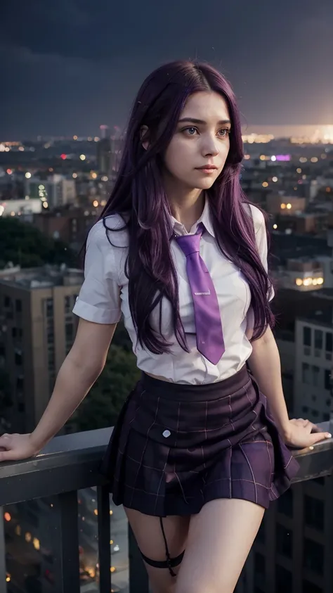 The scene of falling down, from the top, girl 1, despair, long purple hair, scattered explosion hair, city background below, falling down, purple eyes, smirk, shirt, tie, air effect, short skirt, cinematic lighting, best quality, highly detailed, high reso...