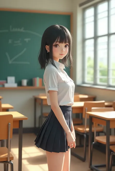 korean school girl, mini skirt, in classroom highquality