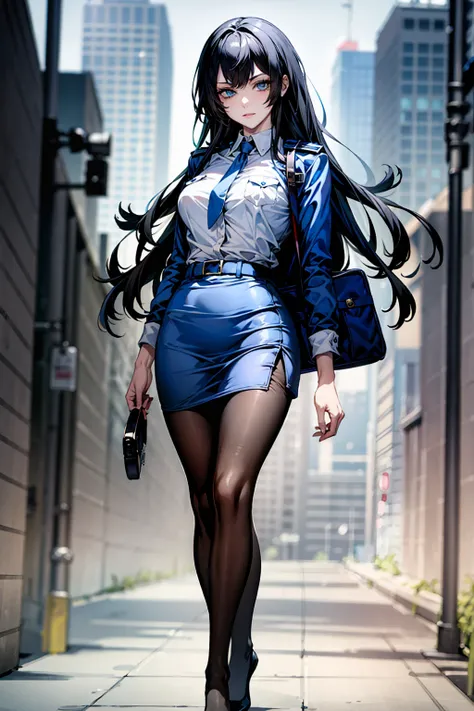 Absurd resolution ,  high resolution, (masterpiece:1.4), ultra - detailed, 1 woman, blue eyes,  Long black hair ， Please wear a police uniform and short skirt,  white handbag 、 pantyhose 、 city streets, sexy posture,  The camera is close to your body 