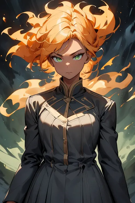 A tall girl of 23 years old, with broad shoulders, noticeable muscles, short orange fiery hair, tanned skin and green eyes, stands under the light of a lantern in a dark jacket. She stares fiercely at the camera, as if ready to strike.