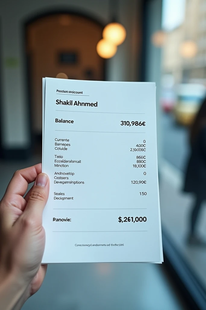 A bank account in the name of Shakil Ahmed with 30986€ and showing that for taxes they have subtracted 400€ and for the commitment of amazon - 890€
