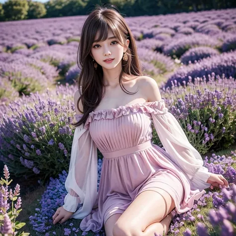 laughing out loud，(knee shot) ，In the lavender flower field， wearing a pink yarn dress，Chiffon Dress ， Fluffy skirts , tutu， Elegant，Fresh， Off Shoulder Dress ， from Wolfwithwing ，Elegant，1 female,   light brown hair , Short bangs,  hair behind the ears , ...