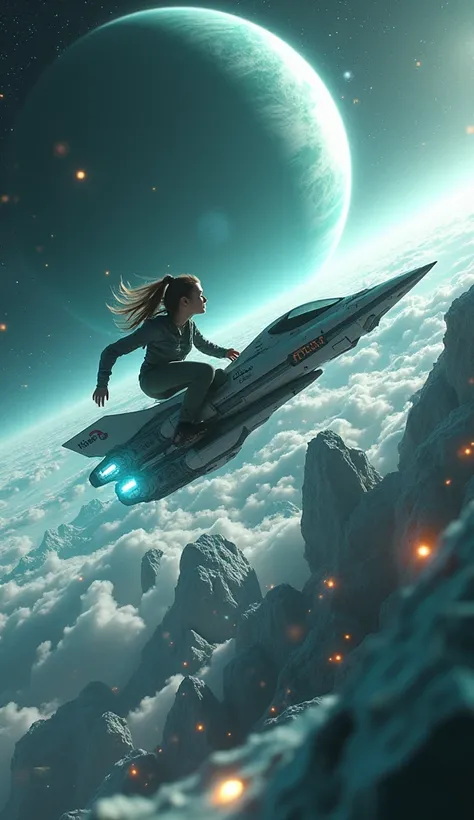 closeup of A shot of girl piloting her spaceship through an diamonds, floating crystal rocks and, dodging sparkling crystal rocks and debris. the space ship is flying through diamonds astroid belt, space and galaxy visible in the background. 
"The cover of...