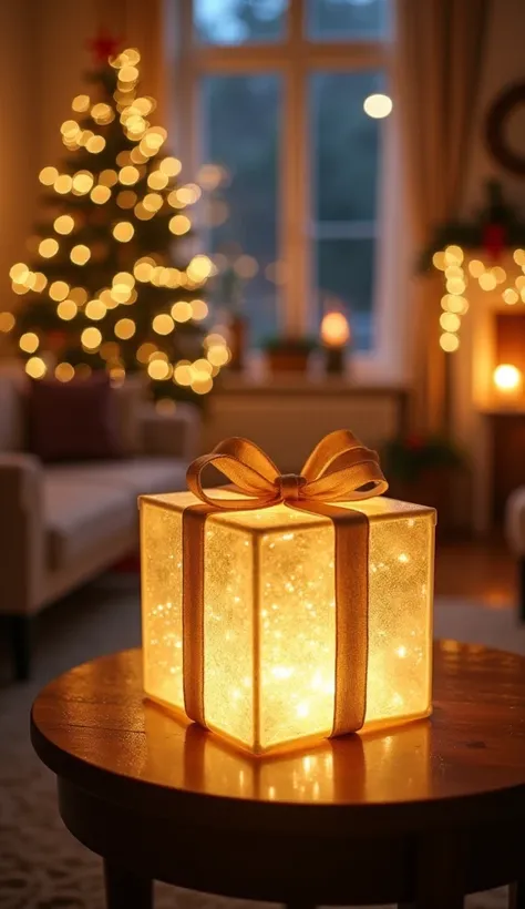 "A translucent golden gift box with a soft, glowing light coming from inside floats slightly above a wooden table in a beautifully decorated Christmas living room. The room is filled with holiday decorations, including a sparkling Christmas tree, garlands,...