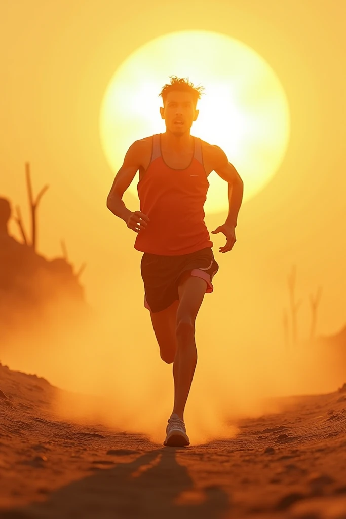 Create an athlete running in a very hot 12 oclock sun 