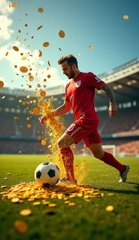 David Beckham wearing a red football jersey stands on the field, frozen in astonishment, as the football he kicked bursts open, scattering hundreds of glowing gold coins into the field near the football. The coins shimmer in the sunlight, creating a golden...