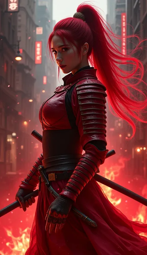 Prompt:
Beauty female samurai, red armor details, fiery katana, toxic red hair, toxic red color in the entire composition associated with the samurai, everything else is gloomy and inversion in color, the background is a city in inversion color, night, dar...