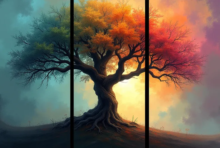 Here is the triptych digital painting featuring a majestic, colorful tree. Each panel is a unique abstract piece yet visually interconnected to form one unified artwork. Let me know if you’d like any adjustments!