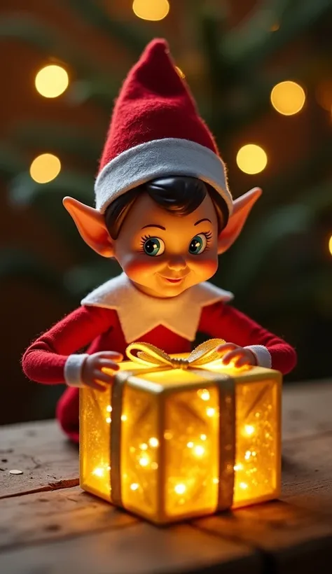 "The camera zooms out to reveal the full figure of the curious elf standing beside the glowing golden gift box. The elf has wide, fascinated eyes, gazing at the box while reaching forward to undo the bow. The golden light from the box casts a soft glow aro...