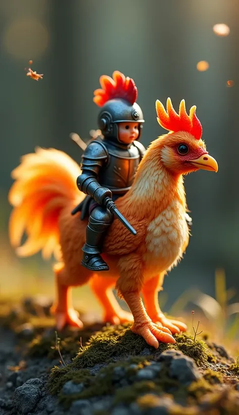 Create (rooster ) detailed prompts for generating hyper-realistic macro photographs. Each prompt should feature a tiny warrior character (e.g., a mystical knight, a radiant paladin, or a shadowy rogue) riding on the back of a mythical creature (e.g., a tin...