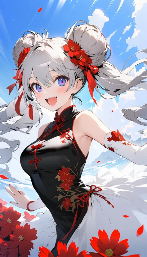 1girl, solo, sexy girl, 18 years old, long hair, looking at viewer, happy, hair ornament, hair between eyes, bare shoulders, twintails, Floating hair, large breasts, (full body+), grey hair, hair ribbon, :d, detached sleeves, hair flower, hair bun, sleevel...