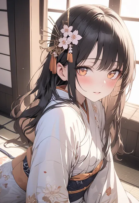 detailed portrait of a beautiful young japanese woman kneeling in a traditional japanese style room, looking up to the viewer with a slight blush, elegant female expression, delicate facial features, long hair, highly detailed, high quality, photorealistic...