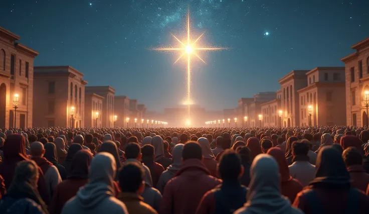 realistic digital art in 3D,  A large gathering of people from different backgrounds , united in an empty square ,  all looking up at the sky with the star of Bethlehem shining above them,  creating an atmosphere of unity and inclusion .