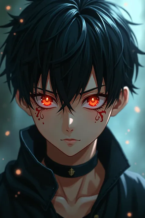 Teenage boy with black hair, light brown skin, Ketsuryūgan eyes, blood dragon eyes