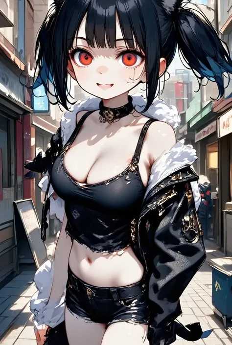 1 woman( cute , cute ,  attractive , Interesting , fascinating,  wicked smile,  smile ,evil face, canine, Black hair,Playful smile,  long hair, Twin tails,  pale skin,  white skin ,  red eyes, Eyes Shining,  big eyes that tear,   big boobs,  Elastic Chest ...