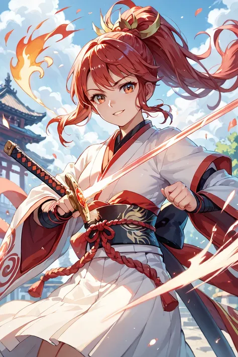 Girl Swordsman 　samurai　Red Hair　 ponytail 　sword dance 　Flaming Sword　In the Dark　sparks