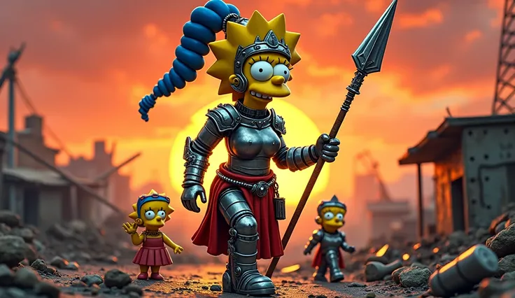  Marge Simpson dressed as a post-apocalyptic warrior ,  with improvised metal armor and a shiny spear , leading the family through the wreckage of Springfield , Orange sky at dusk,  deep shadows in the wreckage and metallic reflections in the armor ,  dram...