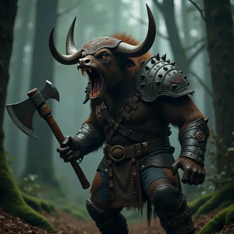 An anthropomorphic bull, furry body, elaborate leather forest armor, dynamic pose, complex fantasy character, in a forest , cinematic lighting, fantasy, magic, detailed background, best quality, HDR, 8K, photo realistic, RAW photo, highly detailed, dark, n...