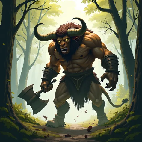 Create an image of a terrifying Minotaur in a light forest setting. The Minotaur should be massive and imposing, with bulging muscles, large, sharp horns, and a menacing expression. It should be standing tall, ready to charge, with its massive axe or club ...