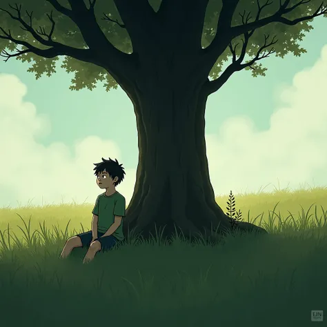 A boy is sitting in a field under a tree Emotionally cut out the picture of the boy