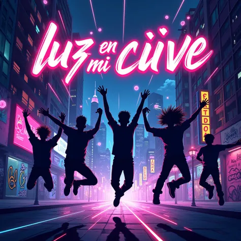 Design a vibrant, urban-inspired album cover for a song that blends hyperpop, reggaetón suave, and pop punk. The scene showcases a neon-lit cityscape at night, with skyscrapers glowing in electric hues of blue, pink, and purple. The streets are alive with ...