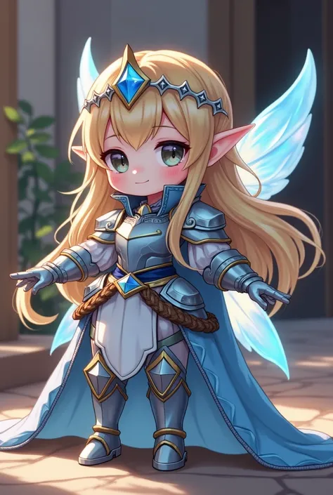 masterpiece,best quality,4K,(Chibi style, kawaii, cute art),adorable with pointy ears and long shiny blonde hair. She wears stylized medieval armor in silver and light blue, With tiara, decorative shoulder pads, greaves, and gauntlets. The wings are small ...