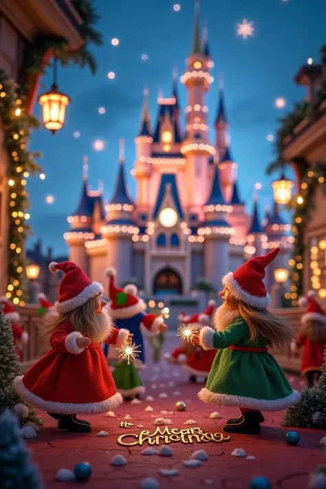 Peux tu mettre en photo des elfe de noel devant le château de Disneyland avec écrit en lettre doré Kessy vu que tu as été très sage cette année tu pars à Disneyland avec ta maman joyeux Noël 