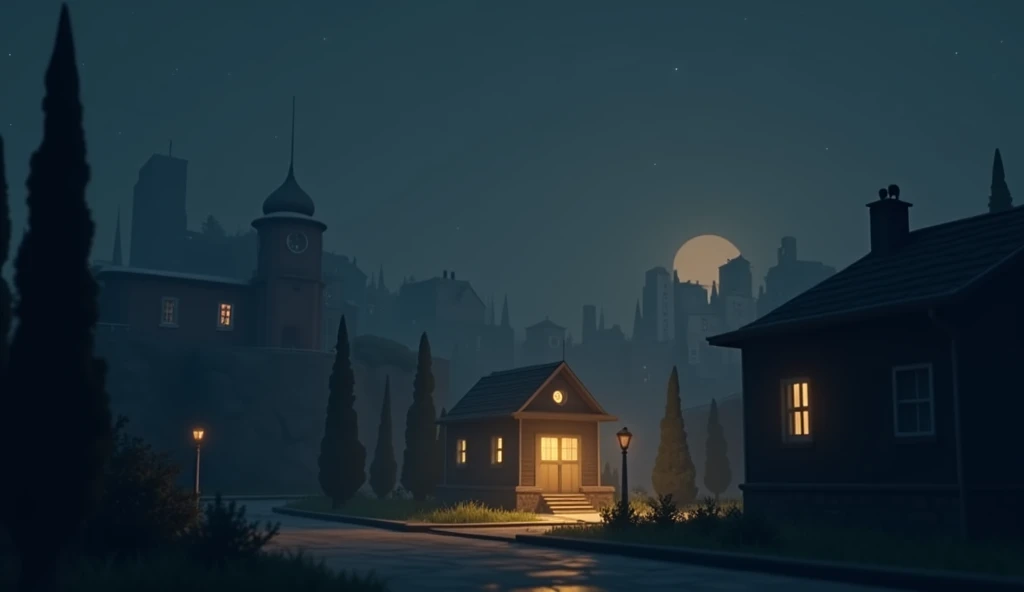 realistic digital art in 3D,  A silent city at night ,  with a golden light emanating from a simple house ,  reflecting the idea that true peace is not in external celebrations, but in internal actions .