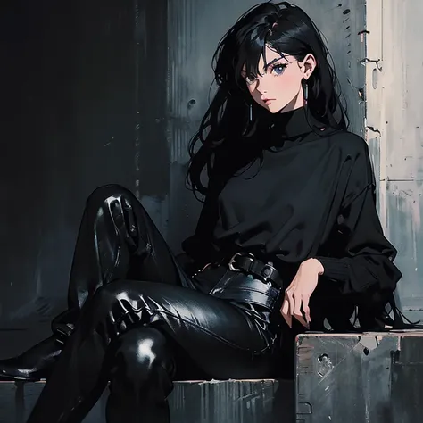 Leaning against the wall、Woman with legs crossed, Wearing tight black clothing,  androgynous  person,  wearing black contemporary clothes ,  androgynous , Wearing black clothes, Tight black clothes, Wearing black clothesいました,  black turtleneck,  black jean...