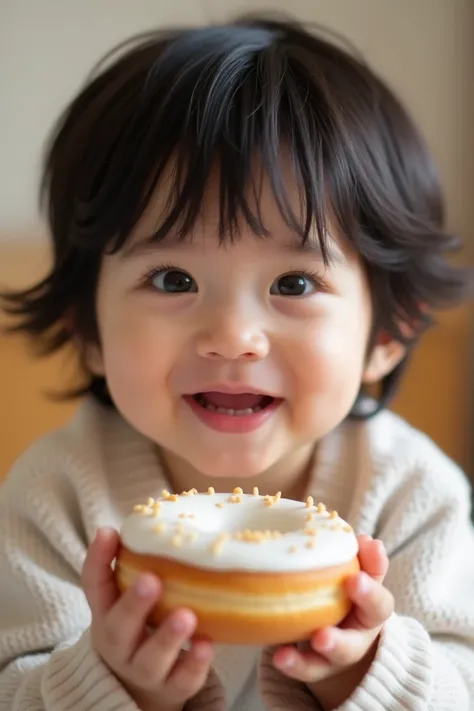 Face of black-haired baby smiling and holding donuts