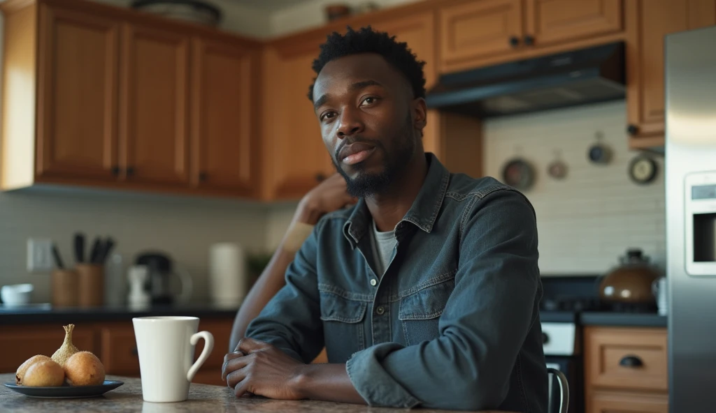 A real picture of a gentle black man sitting behind the kitchen,looking for solutions to his problems 