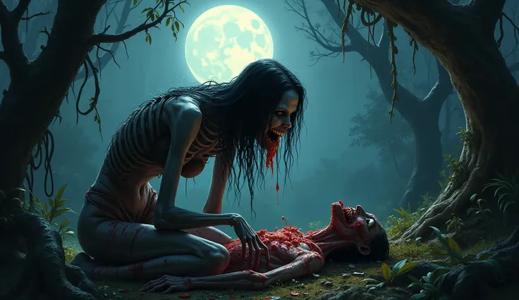 A hauntingly eerie illustration of a ghoul woman feasting on meat from a lifeless body, illuminated by moonlight in a spooky jungle setting at night. Oil painting style, digital art, with a cinematic atmosphere.