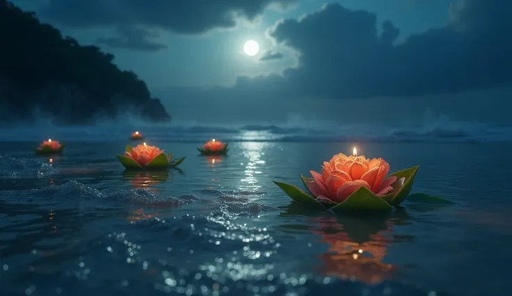 At night it was dark and cloudy and there was moonlight. You can see the flower offerings wrapped in leaves floating in the sea water, with the atmosphere of calm waves. hyper-realistic, high contrast, high color effect, 8K, detailed, focused.